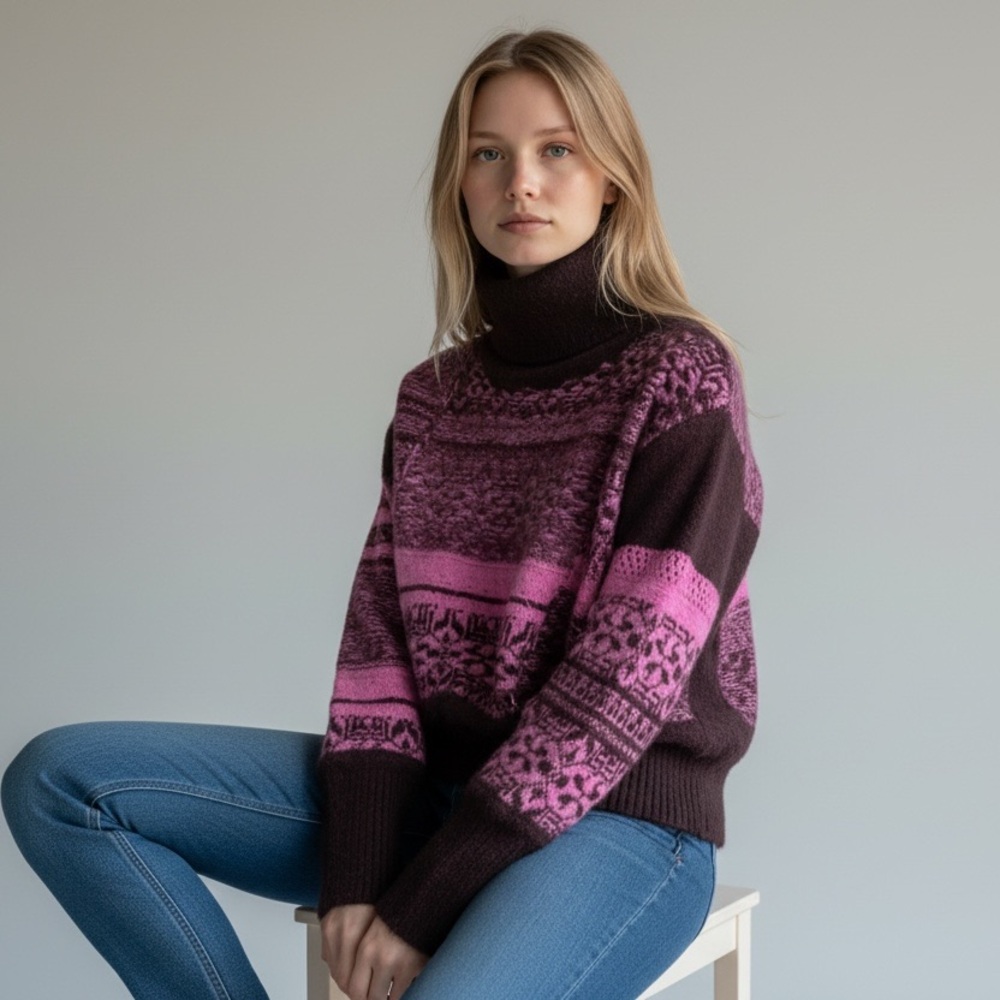 Free People Pink and Brown Cowl Neck Sweater